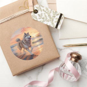 Sandy Paws Alaskan Malamute Dog on Beach Sunset Classic Round Sticker