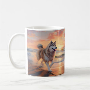 Sandy Paws Alaskan Malamute Dog on Beach Sunset Coffee Mug