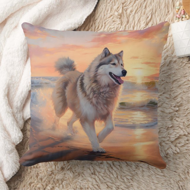 Sandy Paws Alaskan Malamute Dog on Beach Sunset Cushion (Blanket)