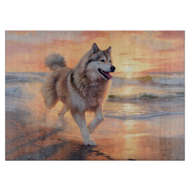 Sandy Paws Alaskan Malamute Dog on Beach Sunset Cutting Board (Front)