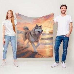 Sandy Paws Alaskan Malamute Dog on Beach Sunset Fleece Blanket
