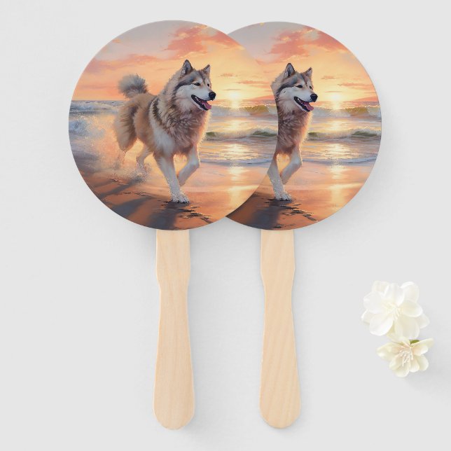 Sandy Paws Alaskan Malamute Dog on Beach Sunset Hand Fan (Front and Back)