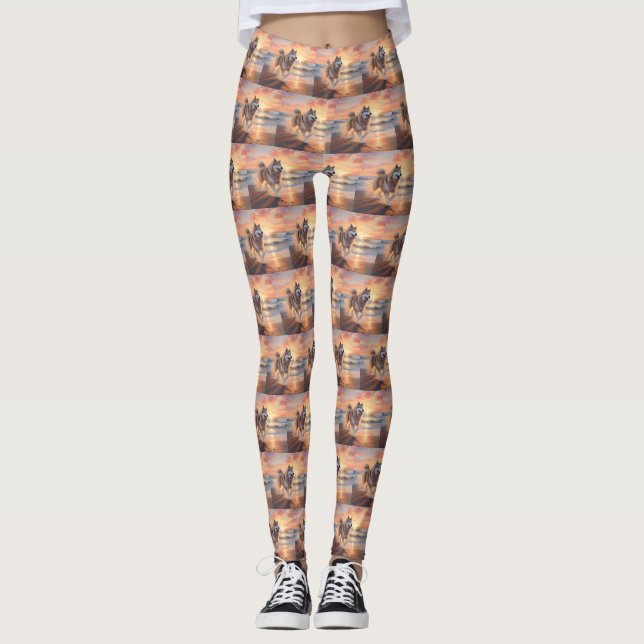 Sandy Paws Alaskan Malamute Dog on Beach Sunset Leggings (Front)
