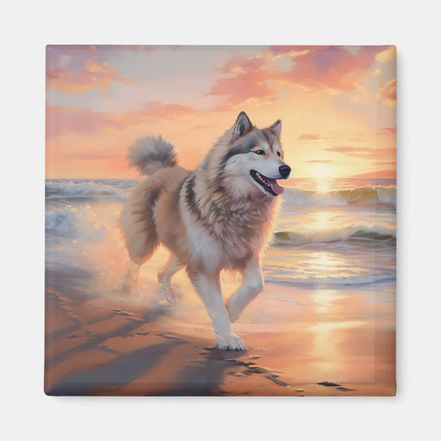 Sandy Paws Alaskan Malamute Dog on Beach Sunset Magnet (Front)
