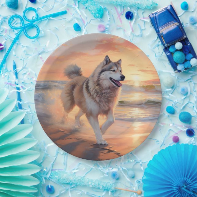 Sandy Paws Alaskan Malamute Dog on Beach Sunset Paper Plate (Party)