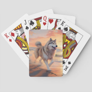 Sandy Paws Alaskan Malamute Dog on Beach Sunset Playing Cards