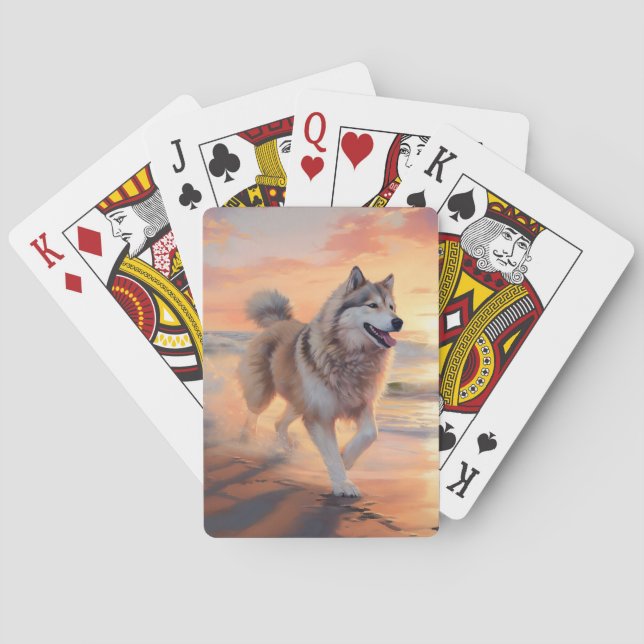 Sandy Paws Alaskan Malamute Dog on Beach Sunset Playing Cards (Back)