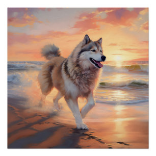 Sandy Paws Alaskan Malamute Dog on Beach Sunset Poster