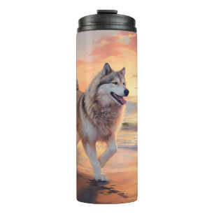Sandy Paws Alaskan Malamute Dog on Beach Sunset Thermal Tumbler