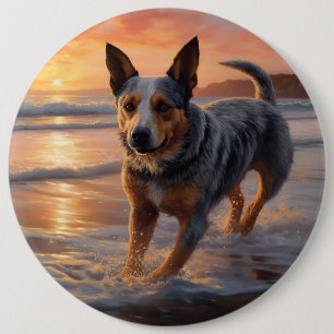 Sandy Paws Australian Cattle Dog on Beach Sunset 6 Cm Round Badge