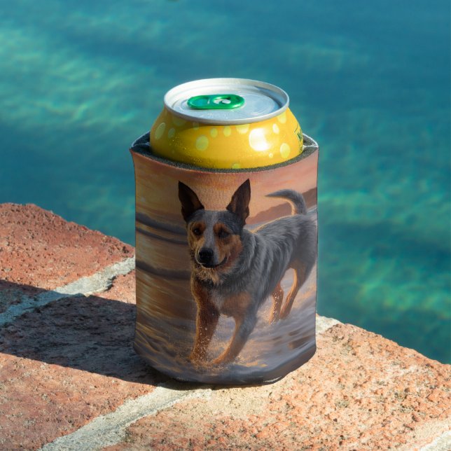 Sandy Paws Australian Cattle Dog on Beach Sunset Can Cooler (In Situ Pool)