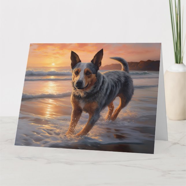 Sandy Paws Australian Cattle Dog on Beach Sunset Card (Front)