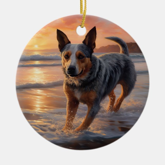 Sandy Paws Australian Cattle Dog on Beach Sunset Ceramic Tree Decoration (Front)