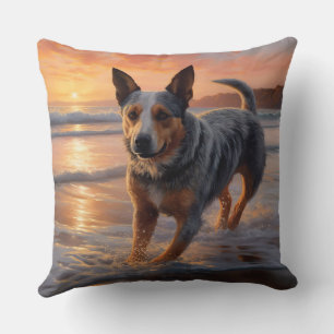 Sandy Paws Australian Cattle Dog on Beach Sunset Cushion