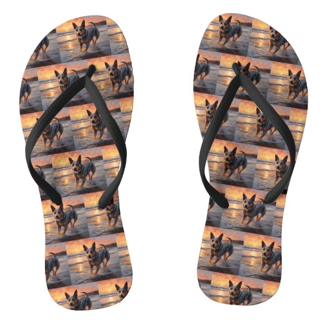 Sandy Paws Australian Cattle Dog on Beach Sunset Flip Flops (Footbed)