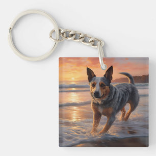 Sandy Paws Australian Cattle Dog on Beach Sunset Key Ring
