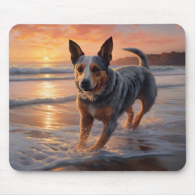 Sandy Paws Australian Cattle Dog on Beach Sunset Mouse Mat (Front)