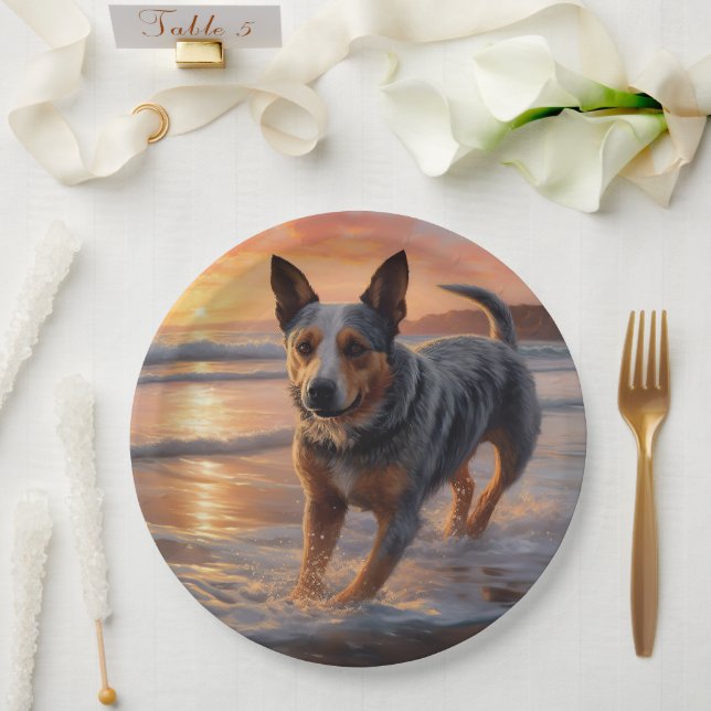 Sandy Paws Australian Cattle Dog on Beach Sunset Paper Plate (Wedding)