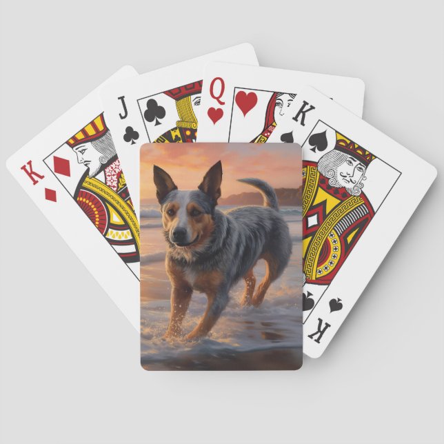 Sandy Paws Australian Cattle Dog on Beach Sunset Playing Cards (Back)