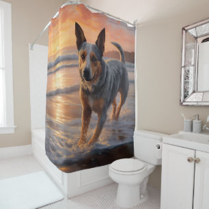 Sandy Paws Australian Cattle Dog on Beach Sunset Shower Curtain