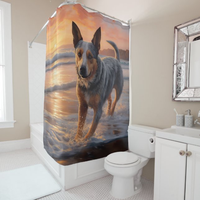 Sandy Paws Australian Cattle Dog on Beach Sunset Shower Curtain (In Situ)