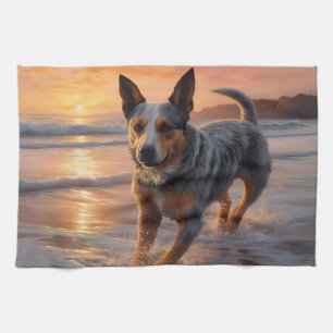Sandy Paws Australian Cattle Dog on Beach Sunset Tea Towel