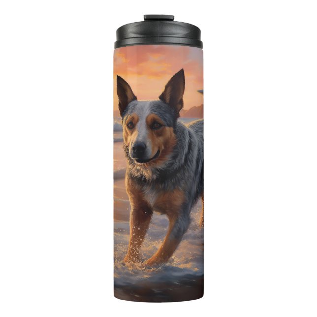 Sandy Paws Australian Cattle Dog on Beach Sunset Thermal Tumbler (Front)