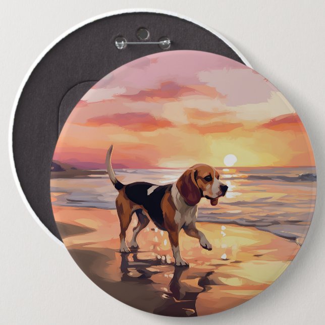 Sandy Paws Beagle Dog on Beach Sunset  6 Cm Round Badge (Front & Back)