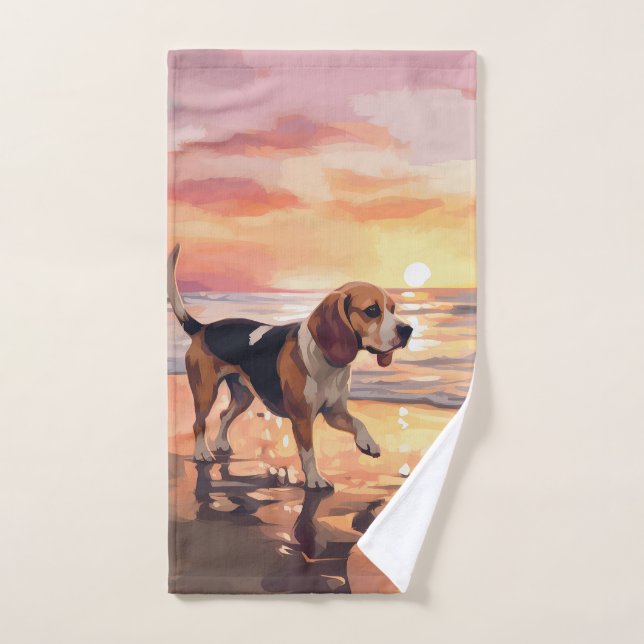Sandy Paws Beagle Dog on Beach Sunset  Bath Towel Set (Hand Towel)