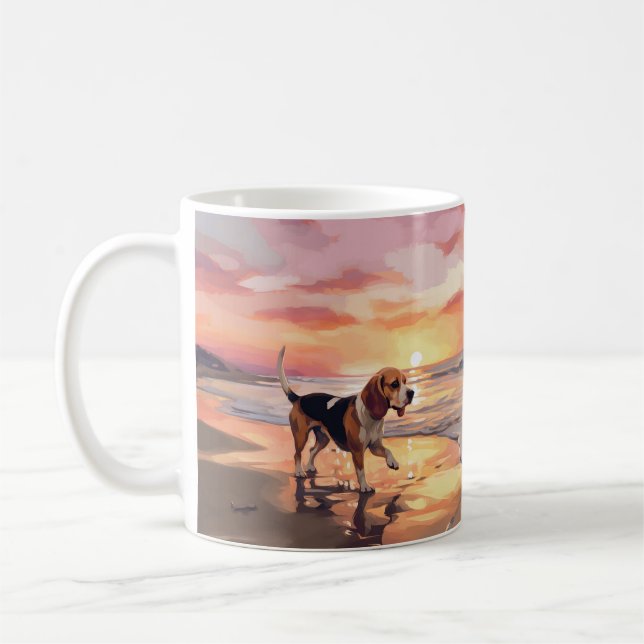 Sandy Paws Beagle Dog on Beach Sunset  Coffee Mug (Left)