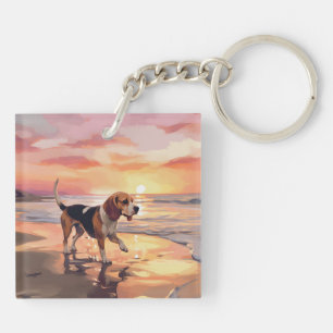 Sandy Paws Beagle Dog on Beach Sunset Key Ring