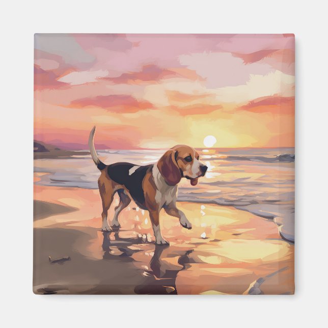 Sandy Paws Beagle Dog on Beach Sunset  Magnet (Front)