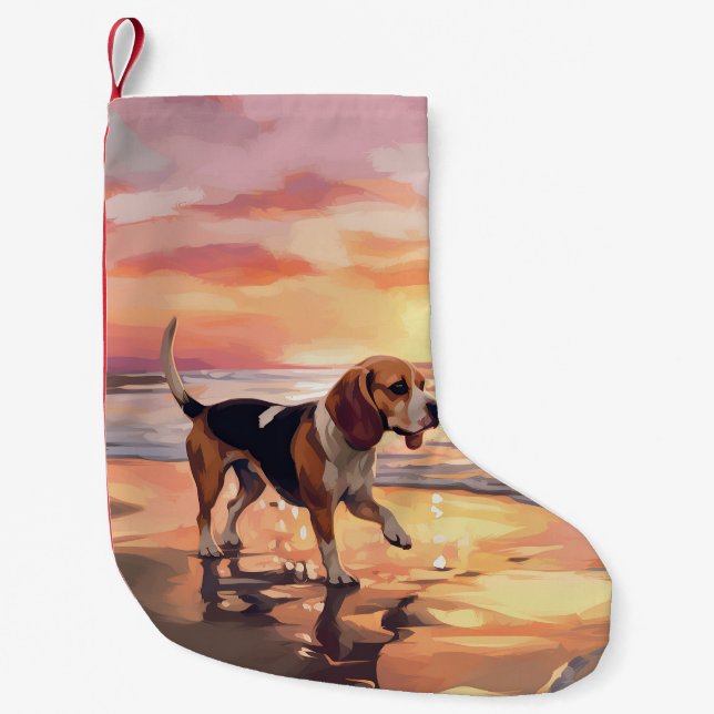 Sandy Paws Beagle Dog on Beach Sunset  Small Christmas Stocking (Front)