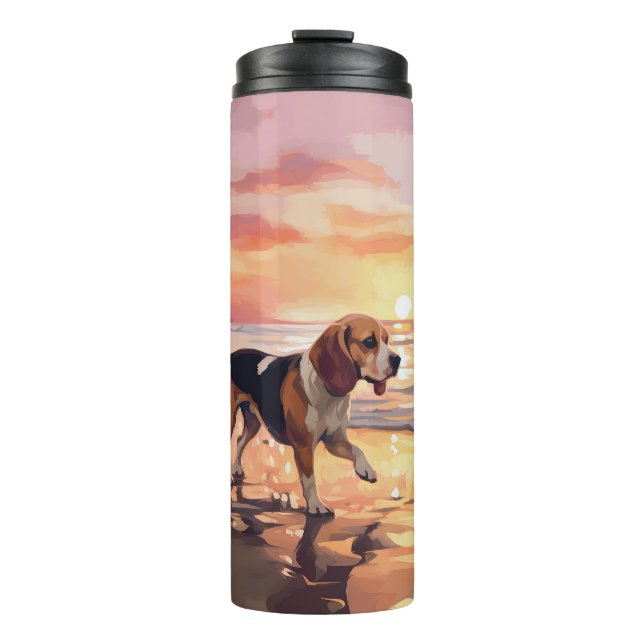 Sandy Paws Beagle Dog on Beach Sunset  Thermal Tumbler (Front)