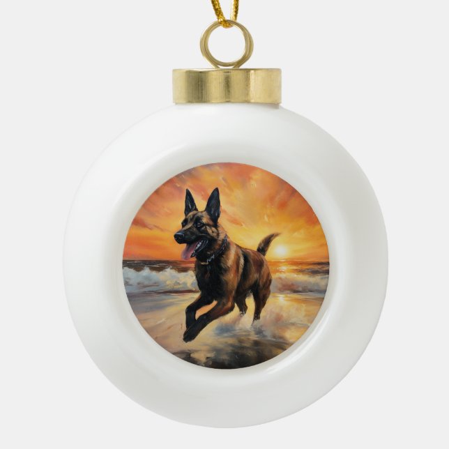 Sandy Paws Belgian Malinois Dog on Beach Sunset  Ceramic Ball Christmas Ornament (Front)