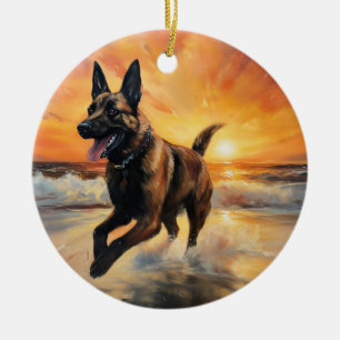 Sandy Paws Belgian Malinois Dog on Beach Sunset  Ceramic Tree Decoration
