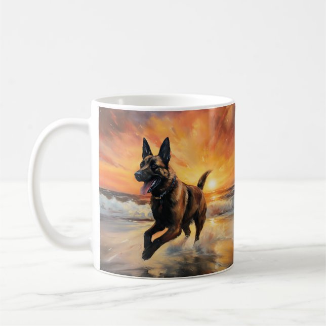 Sandy Paws Belgian Malinois Dog on Beach Sunset  Coffee Mug (Left)