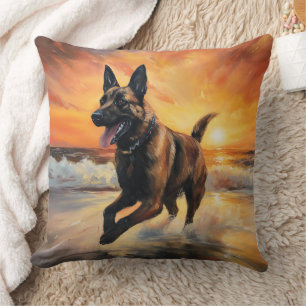 Sandy Paws Belgian Malinois Dog on Beach Sunset  Cushion