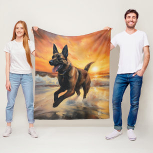 Sandy Paws Belgian Malinois Dog on Beach Sunset  Fleece Blanket