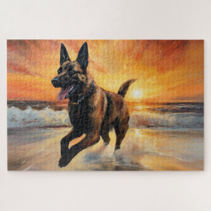 Sandy Paws Belgian Malinois Dog on Beach Sunset  Jigsaw Puzzle