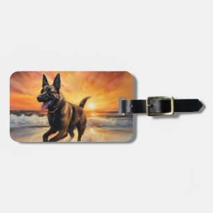 Sandy Paws Belgian Malinois Dog on Beach Sunset  Luggage Tag