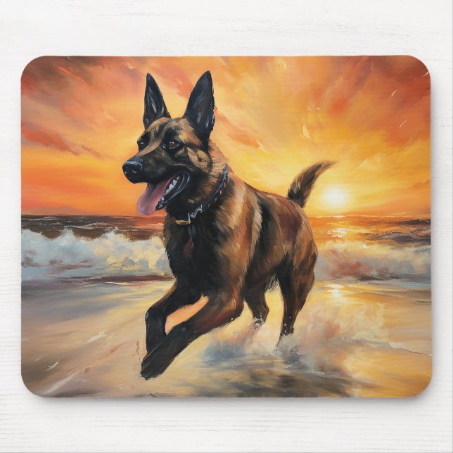 Sandy Paws Belgian Malinois Dog on Beach Sunset  Mouse Mat (Front)