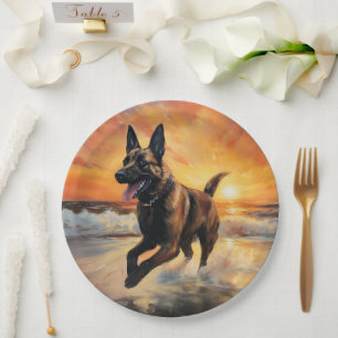Sandy Paws Belgian Malinois Dog on Beach Sunset Paper Plate