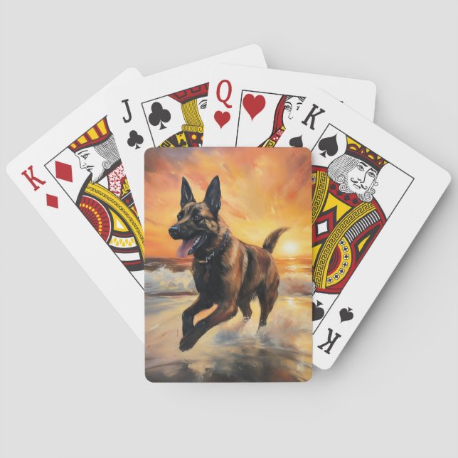 Sandy Paws Belgian Malinois Dog on Beach Sunset  Playing Cards (Back)