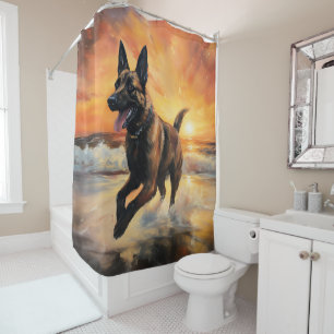 Sandy Paws Belgian Malinois Dog on Beach Sunset  Shower Curtain