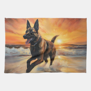 Sandy Paws Belgian Malinois Dog on Beach Sunset  Tea Towel