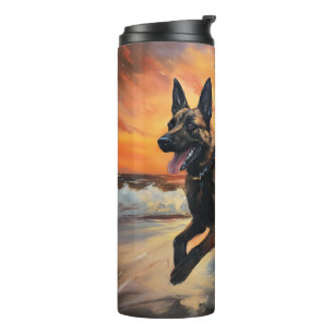 Sandy Paws Belgian Malinois Dog on Beach Sunset Thermal Tumbler