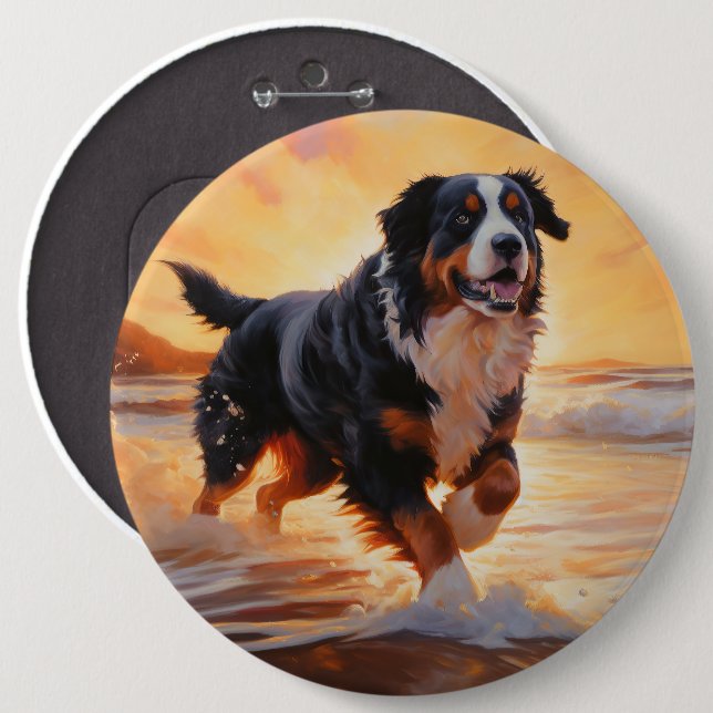 Sandy Paws Bernese Mountain Dog on Beach Sunset  6 Cm Round Badge (Front & Back)