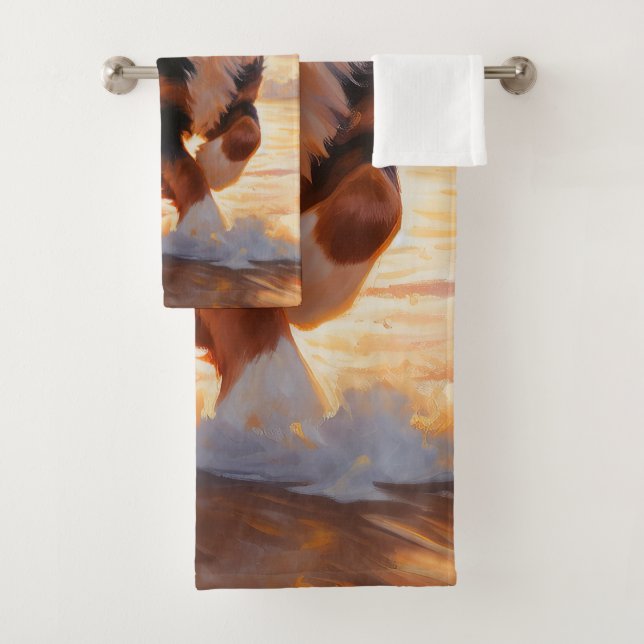 Sandy Paws Bernese Mountain Dog on Beach Sunset  Bath Towel Set (Insitu)