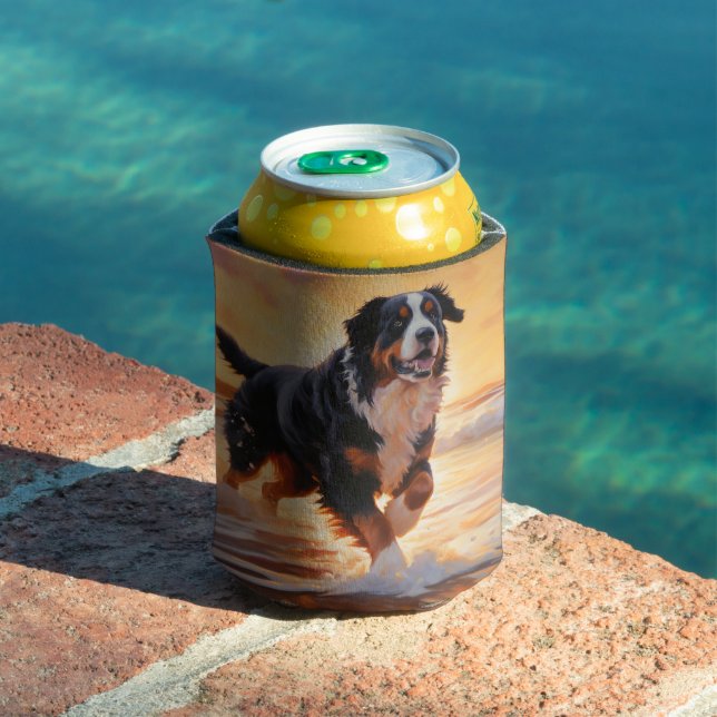 Sandy Paws Bernese Mountain Dog on Beach Sunset  Can Cooler (In Situ Pool)